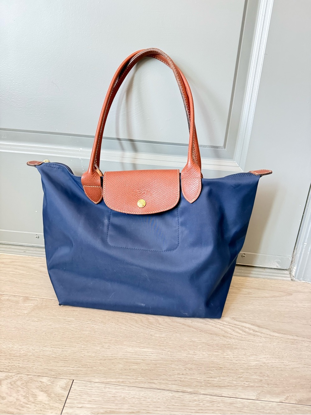 Longchamp Navy Tote with Brown Leather Trim